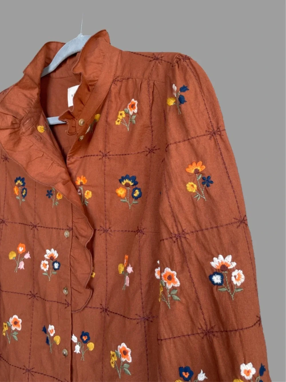 SEZANE Rust Orange Blue Floral Embroidered Ruffle Button Down Shirt Chlo Blouse - Picture 7 of 17